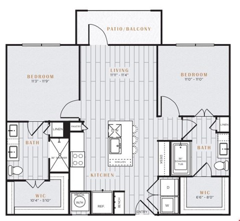 Floor plan for 2 beds, 2 baths, 982 sqft